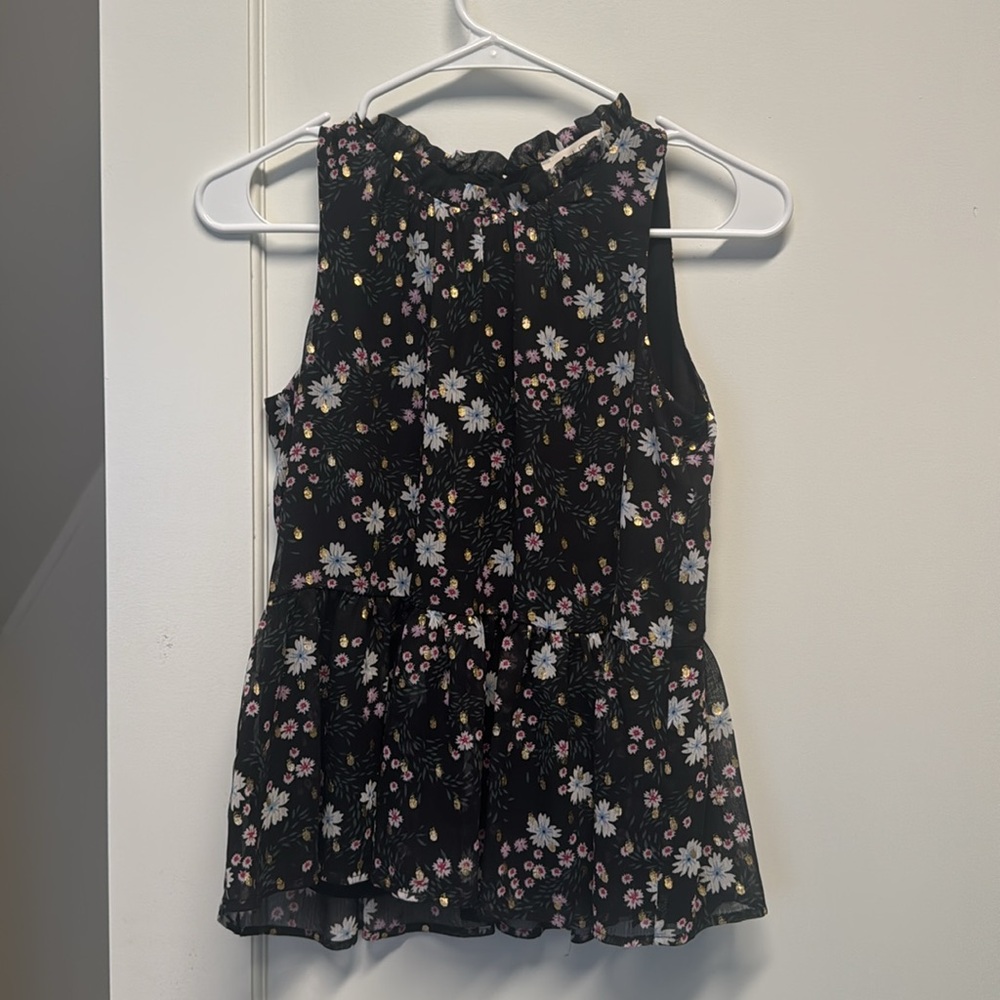 Loft Black Blue Gold Floral Blouse size XS